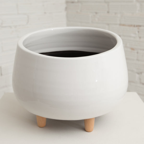 Small Round Ceramic Planter w/ Wood Feet